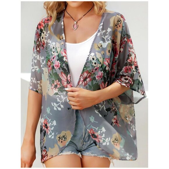 Chiffon Kimono Cardigan – Floral Open Front Cover-Up for Beach or Casual Wear - Picture 5 of 6